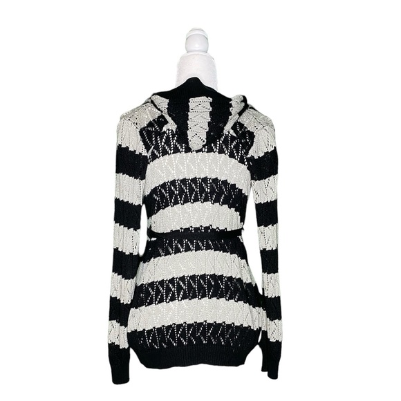 GREY & BLACK STRIPE KNITTED CARDIGAN W/ HOOD & WAIST TIE • SIZE S - Picture 2 of 6